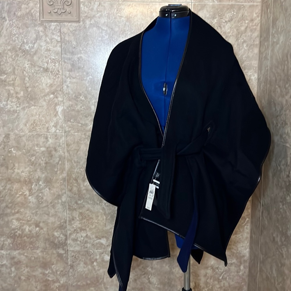 Ann taylor poncho/shrug black and purple reversible w/ faux leather trim